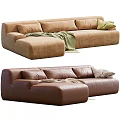 Sectional Sofas In Light Brown Fabric And Dark Brown Leather With Cushions And Blanket