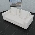 White Double Sofa With Soft Cushions Against Leaf Pattern Wallpaper And Window View 3d model
