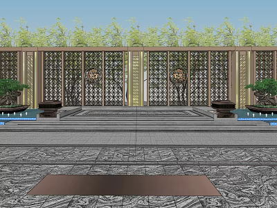 Intricate Lattice Garden Wall With Stone Steps Water Features And Green Plants 3d model