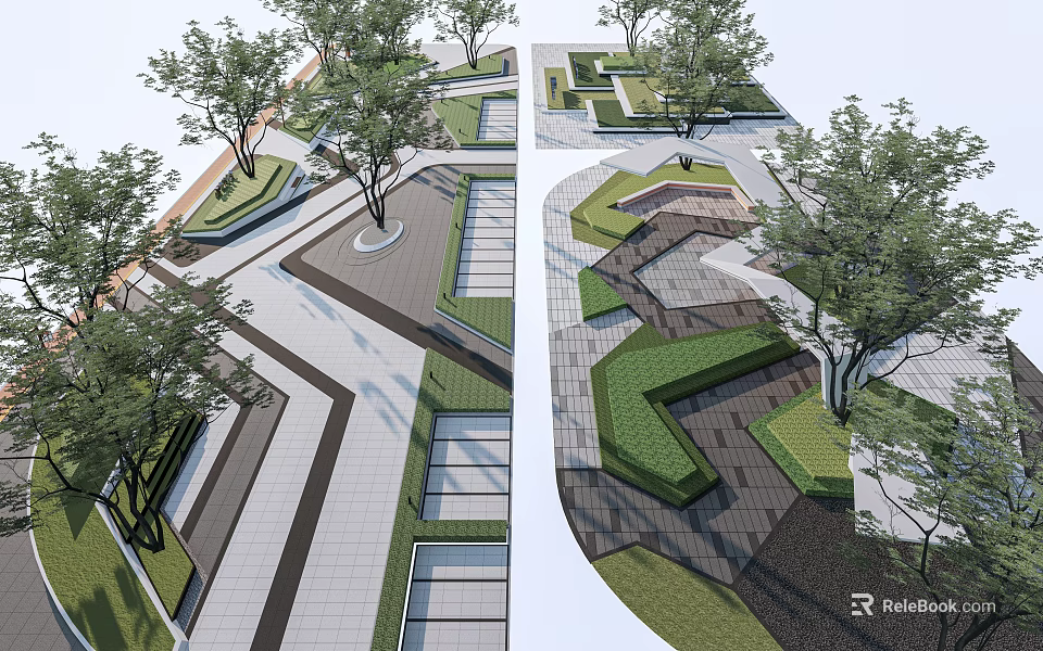 Modern Park Landscape With Trees Paved Paths Green Lawns And Geometric Designs 3d model 