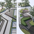 Modern Park Landscape With Trees Paved Paths Green Lawns And Geometric Designs