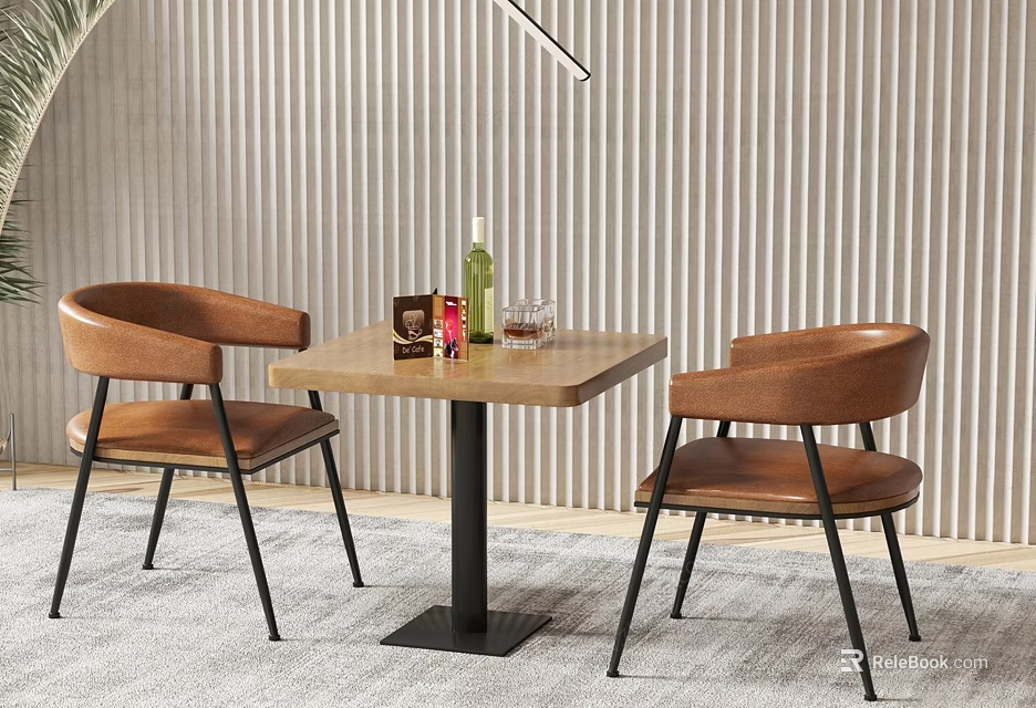 Modern Wooden Desk with Brown Chairs Glasses Small Box Striped Wall and Gray Carpet 3d model 