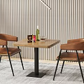Modern Wooden Desk with Brown Chairs Glasses Small Box Striped Wall and Gray Carpet