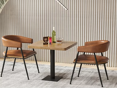Modern Wooden Desk with Brown Chairs Glasses Small Box Striped Wall and Gray Carpet 3d model