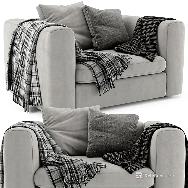 Modern Cozy Gray Velvet Accent Chair with Soft Pillows and Plaid Blanket in Living Room 3d model 