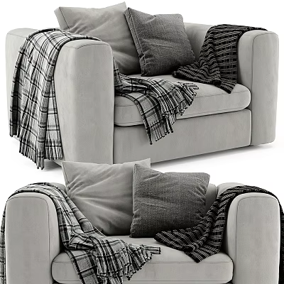 Modern Cozy Gray Velvet Accent Chair with Soft Pillows and Plaid Blanket in Living Room 3d model