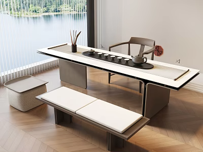 Modern Tea Table and Chairs by Window with Lake View and Tea Set on Top 3d model