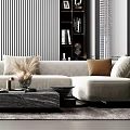 Modern Beige Sofa Coffee Table Combination With Throw Pillows And Vertical Striped Wall 3d model