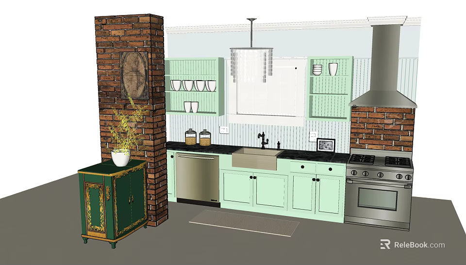 Light Green Kitchen Cabinets With Brick Wall Dishwasher Sink And Stove 3d model 