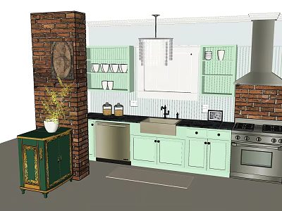 Light Green Kitchen Cabinets With Brick Wall Dishwasher Sink And Stove 3d model
