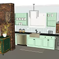 Light Green Kitchen Cabinets With Brick Wall Dishwasher Sink And Stove