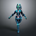 Game Movie Character In Futuristic Teal Blue Mechanical Armor With Glowing Accents And Sci Fi Design