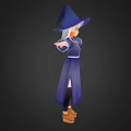 3D Witch Character Wearing Blue Robe Blue Hat With White Hair And Outstretched Arms