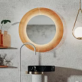 Modern Bathroom Washbasin With Circular Mirror Black Countertop Pedestal Base And Hanging Lamp