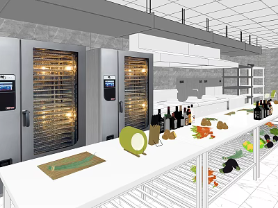 Commercial Restaurant Kitchen With Stainless Steel Refrigerators Display Counter And Fresh Ingredients 3d model