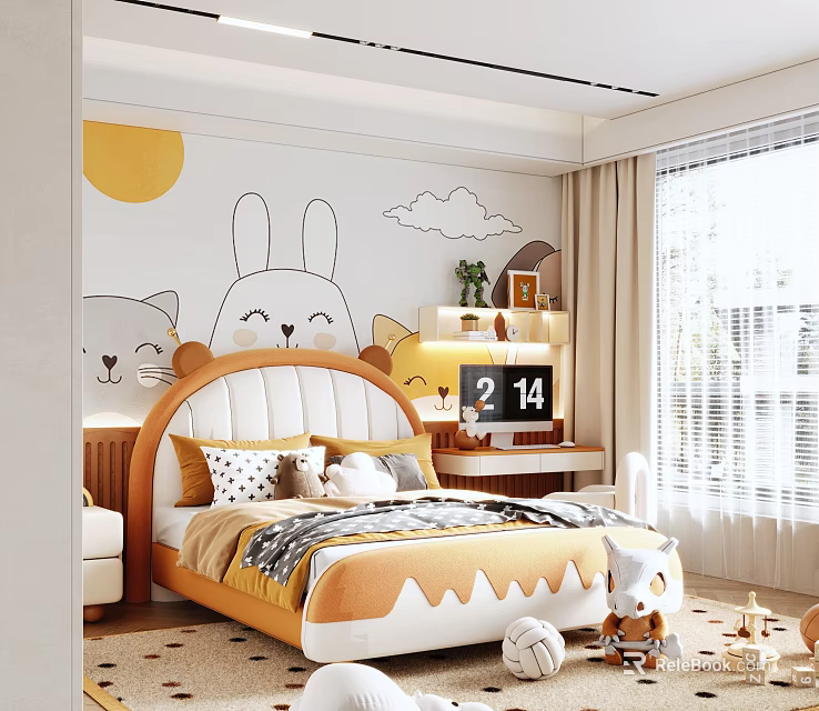 Cute Kids Room Interior With Cartoon Animal Murals Sun Cloud And Orange White Bed 3d model 