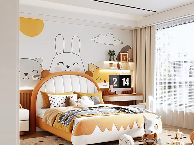 Cute Kids Room Interior With Cartoon Animal Murals Sun Cloud And Orange White Bed 3d model