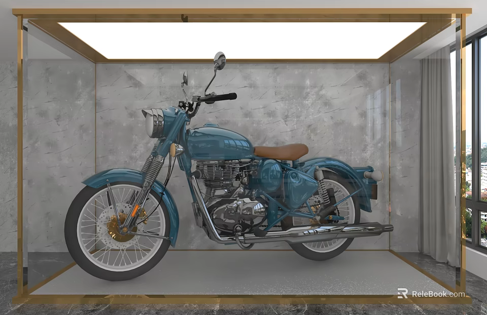 Teal Vintage Motorcycle With Brown Leather Seat In Illuminated Gray Wall Display Space 3d model 