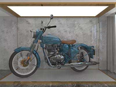 Teal Vintage Motorcycle With Brown Leather Seat In Illuminated Gray Wall Display Space 3d model