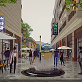 Vibrant Commercial Street With Pedestrians Shopping Central Fountain Outdoor Tables Umbrellas Illuminated Storefronts String Lights