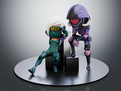 Two Character Figures Sitting And Crouching With White Hair Green Outfit Purple Helmet Spacesuit Design 3d model