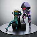Two Character Figures Sitting And Crouching With White Hair Green Outfit Purple Helmet Spacesuit Design