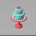 Three Tiered Blue Cake With Pink Rose Decoration On Pink Stand And White Pink Trims