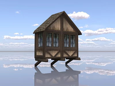 Ancient Wooden Building With Brown Roof Windows And Water Reflection Under Blue Sky 3d model