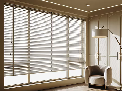 Modern Living Room Window Blinds with Comfortable Chair and Floor Lamp 3d model