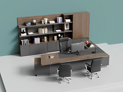 Modern Office Desk Chair Combination With Ergonomic Chairs And Wooden Bookshelf Storage 3d model