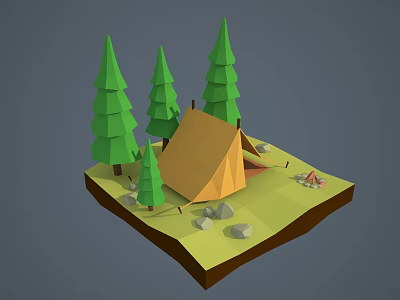 Cartoon Camping Scene with Green Pine Trees Yellow Tent Stones and Campfire on Grassland 3d model