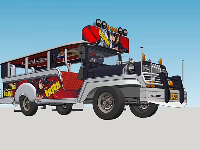 Cartoon Style Open Top Wagon Bus With Decorative Lights And Red Interior 3d model