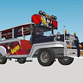 Cartoon Style Open Top Wagon Bus With Decorative Lights And Red Interior