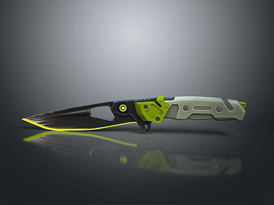 Modern Tactical Knife With Green And Gray Handle Yellow Edge Blade Contemporary Design Reflective Surface 3d model