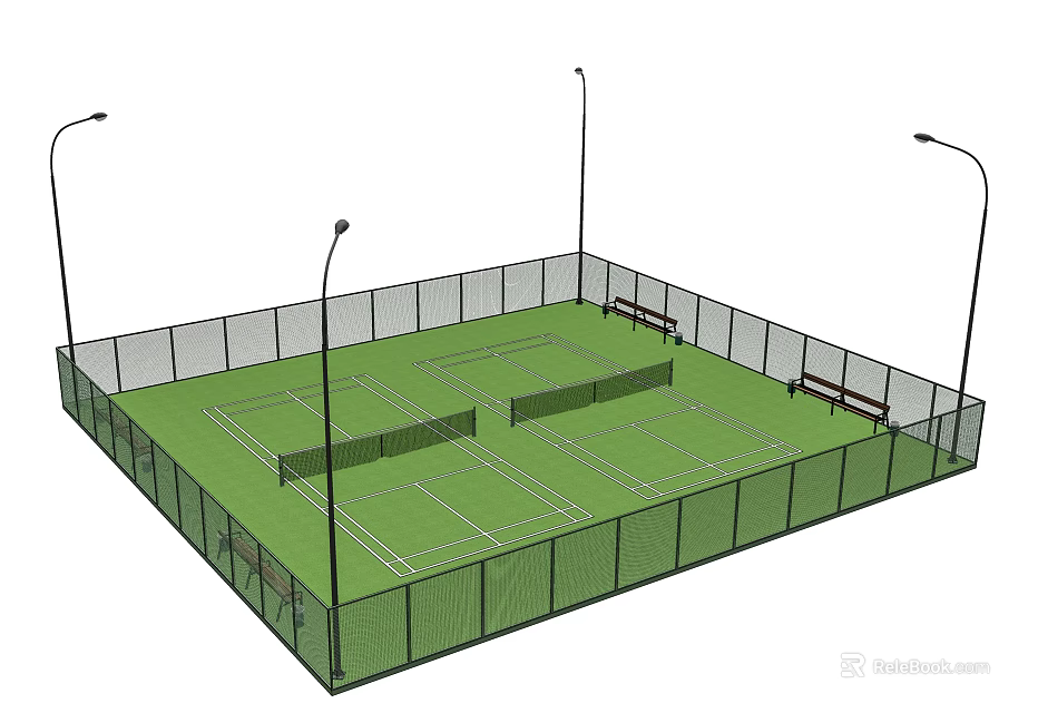Outdoor Tennis Court For Fitness Activities With Enclosed Fence Lighting Poles And Side Benches 3d model 