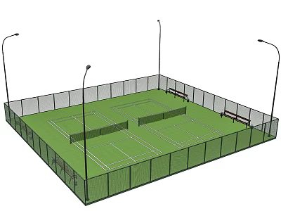 Outdoor Tennis Court For Fitness Activities With Enclosed Fence Lighting Poles And Side Benches 3d model