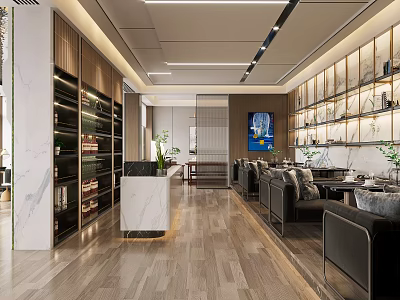 Elegant Modern Restaurant Interior With Wooden Elements Marble Counter Seating Area And Wine Racks 3d model