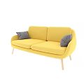 Modern Yellow Fabric Sofa With Gray Decorative Pillows And Wooden Legs