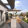 Modern Garden Landscape on Terrace with Umbrella Plants Bench Grill Station and Wooden Flooring
