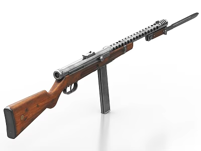 Vintage Submachine Gun With Wooden Stock Metal Barrel And Vertical Magazine 3d model