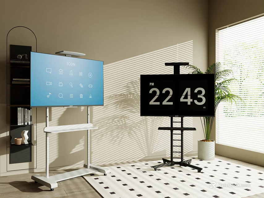 Two Televisions on Stands with Blue Icon and Black Time Screens in Room 3d model 