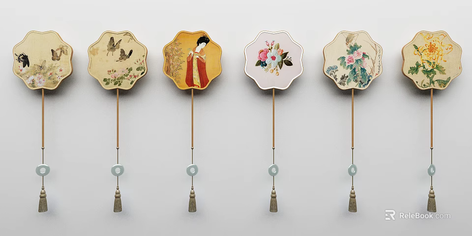 Traditional Fan Shaped Pendants with Flower Bird Lady Patterns and Beaded Tassels 3d model 