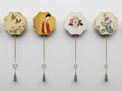 Traditional Fan Shaped Pendants with Flower Bird Lady Patterns and Beaded Tassels 3d model