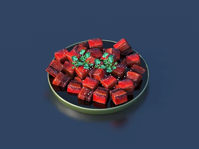 Red Cube Shaped Food on a Plate with Green Garnish and Fresh Herbs 3d model