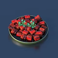 Red Cube Shaped Food on a Plate with Green Garnish and Fresh Herbs