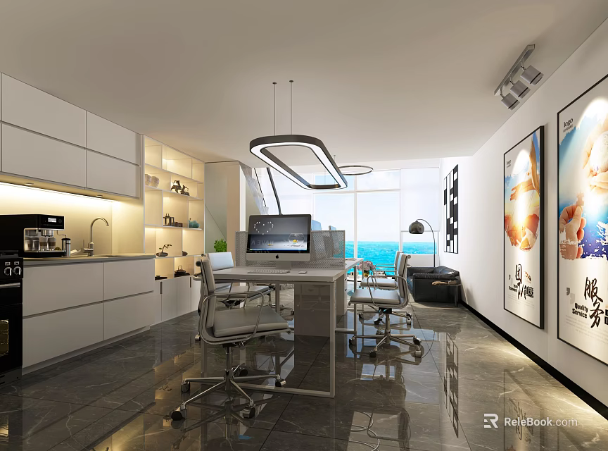 Modern Public Office Space With Workstations Computers And Sea View Windows 3d model