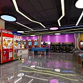 Amusement Park Interior With Colorful Cashier Counter Neon Lights And Arcade Games