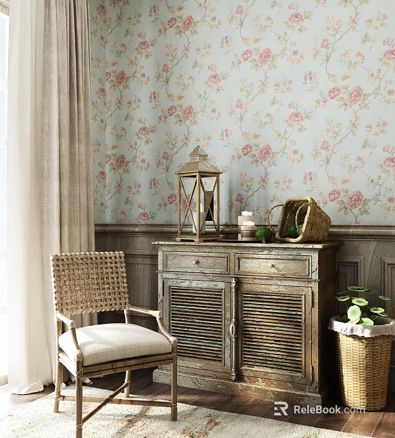 Soft Linen Curtains Against Floral Wallpaper With Wicker Chair Vintage Cabinet And Lantern Decor 3d model 