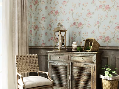 Soft Linen Curtains Against Floral Wallpaper With Wicker Chair Vintage Cabinet And Lantern Decor 3d model