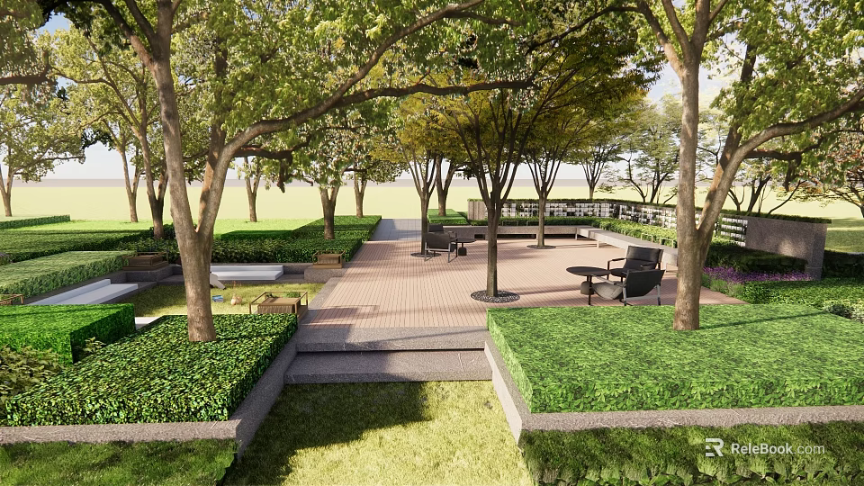 Serene Courtyard Garden Design With Lush Trees Paved Area Seating And Trimmed Hedges 3d model 